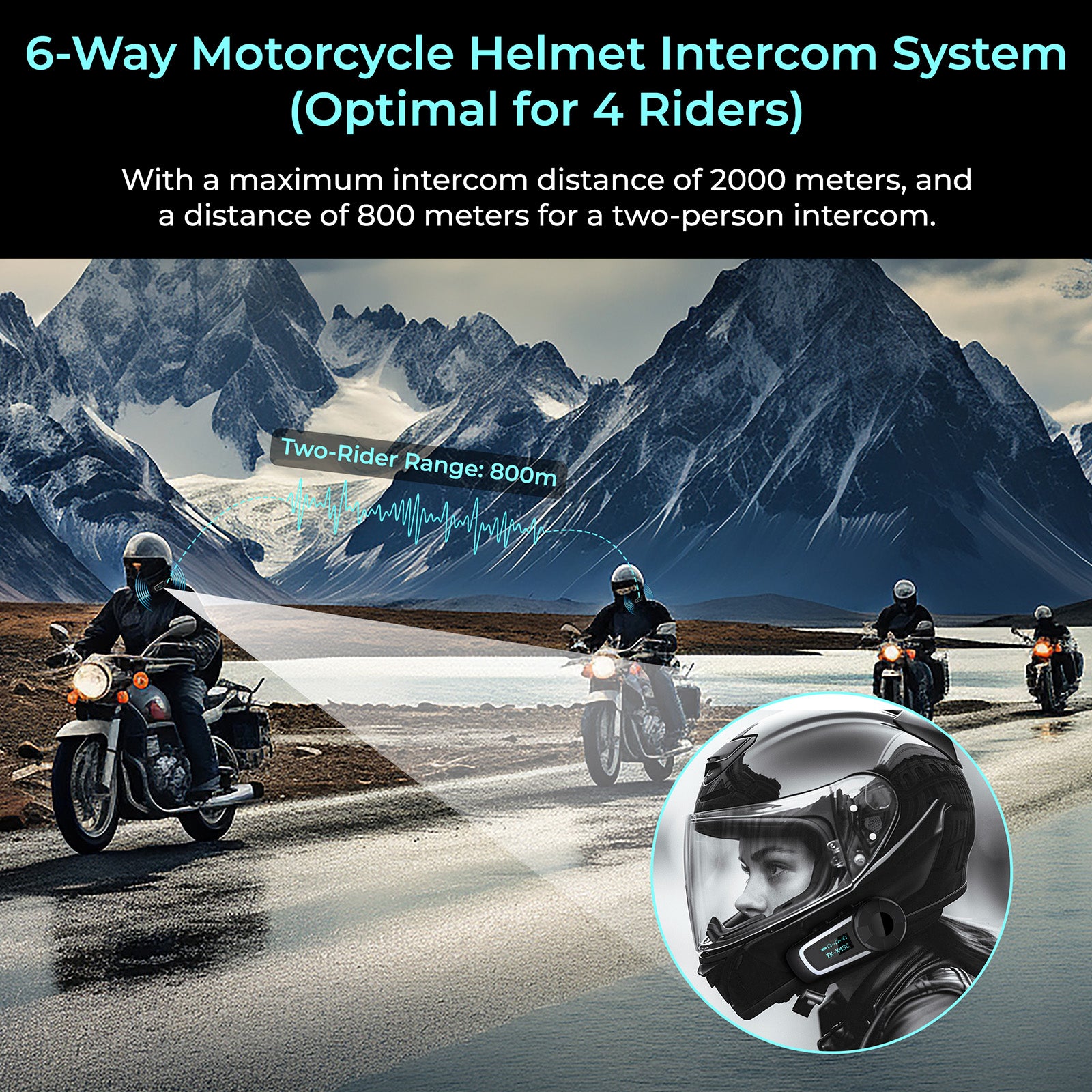 THOKWOK Motorcycle Duo Intercom For 6 Helmets TK-X4 Bluetooth Earphone For Motorcycle Helmets, Hands-Free Kit For Motorcycle With Bluetooth 5.1/Hi-Fi Stereo/Music Sharing, Communication System For