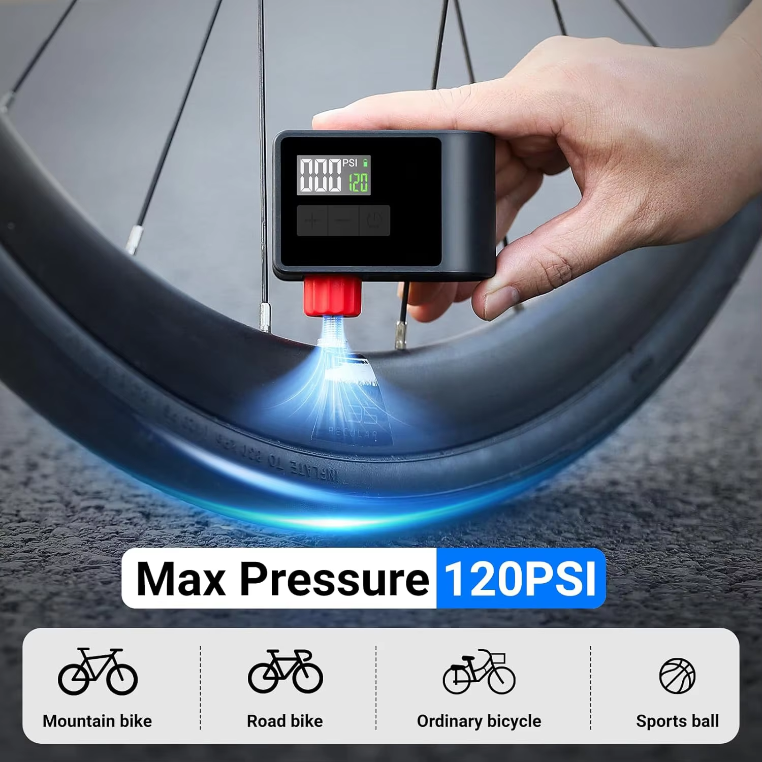 Mini Electric Bike Pump - Max 120 PSI, Auto Shut-Off Air Pump with Presta/Schrade